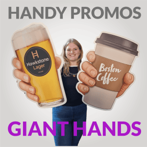 hany promos, giant hands promotional fun social media boards hand held